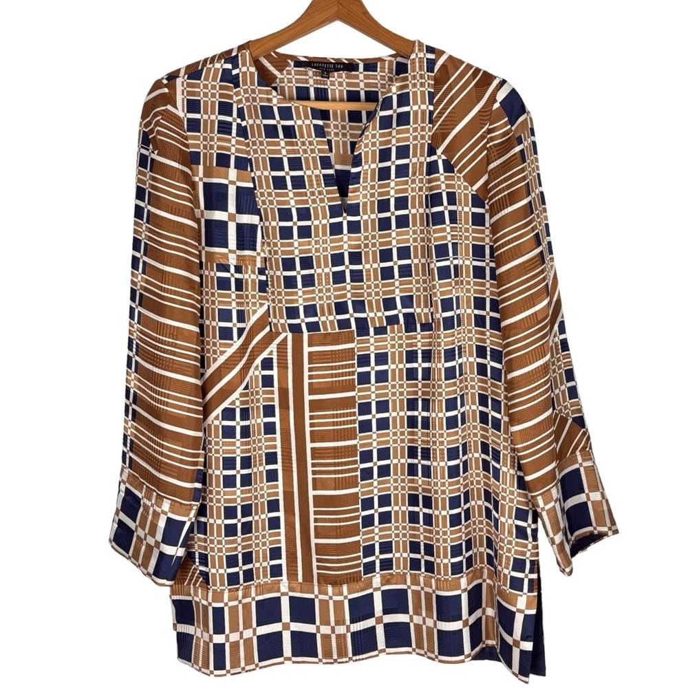 Lafayette 148 New York 100% Silk Tunic Blouse Split Neck Long Sleeve Small